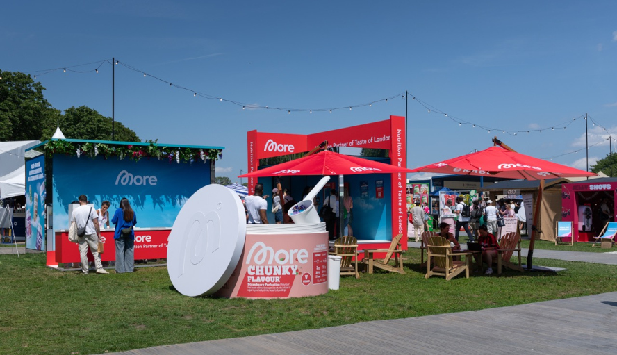 The More Nutrition activation created a visible outdoor brand destination for sampling, hospitality and consumer engagement at Taste of London.